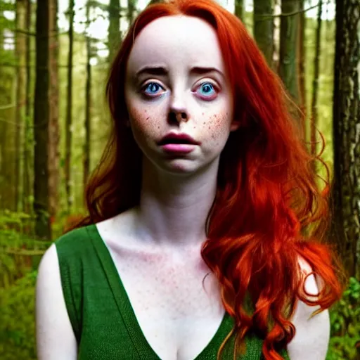 Prompt: realistic character concept, gorgeous Kacey Rohl, red hair, small freckles, symmetrical face, symmetrical eyes, green dress, forest, trees, shorter neck, cinematic lighting, Joshua Middleton and Adreas Rocha, beautiful