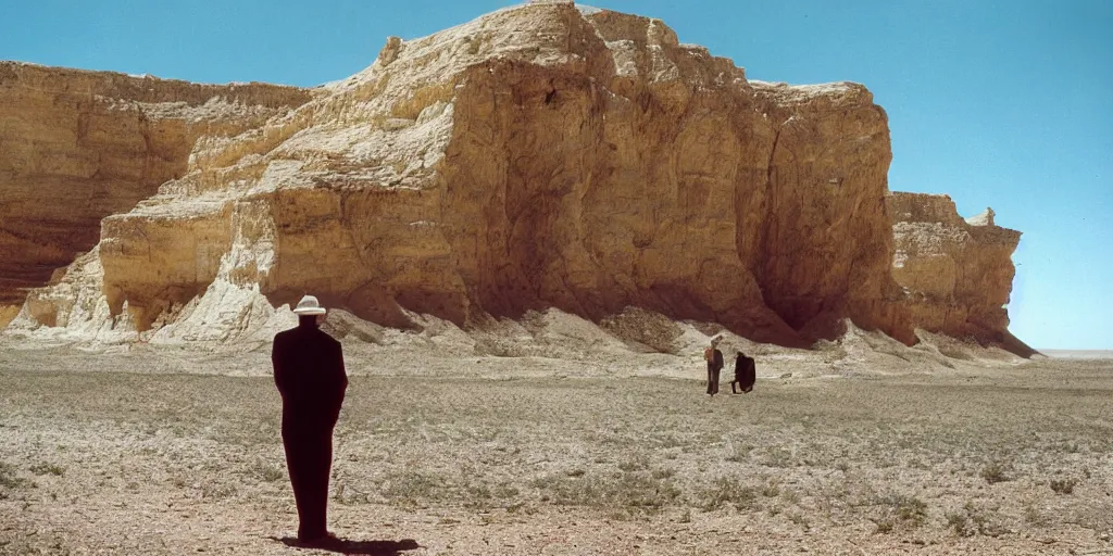 Prompt: photo of green river, wyoming cliffs. an old man in a trench coat and a cane stands still very far away in the distance, facing at the camera. midday sun. hot and dry conditions. kodak ektachrome.