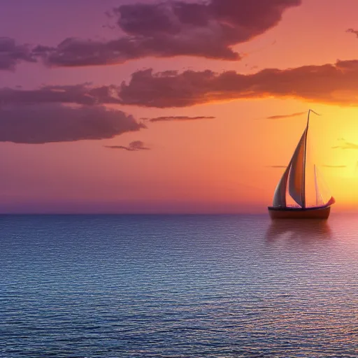 Image similar to sea sunset with sailing boat, realistic, 8 k, sunset, high details