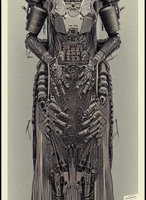 Image similar to 2 d illustration, grained risograph, vintage horror sci - fi portrait of a futuristic silver armored geisha district 9 cyborg, parallax, fractal, intricate, elegant, highly detailed, by jheronimus bosch and moebius louis jacques mande daguerre and szukalski