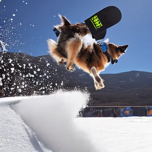Prompt: a snowboarding blue heeler dog sending it off a big air jump at xgames in aspen