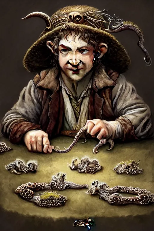 Prompt: dirty faced and very happy hobbit looking the table full of fook, hobbit is wearing a hat made of octopuss, fantasy, intricate, elegant, highly detailed, digital painting, artstation, concept art, addiction, chains, smooth, sharp focus, illustration, art by Ilja Repin