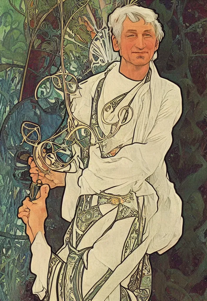 Image similar to realistic white - haired geoffrey hinton on a tarot card, tarot in art style by alphonse mucha