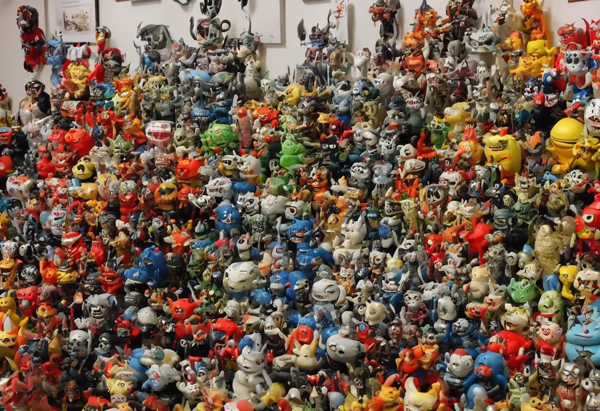 Prompt: vintage collection of 1 9 6 0 s japanese monster toys on display