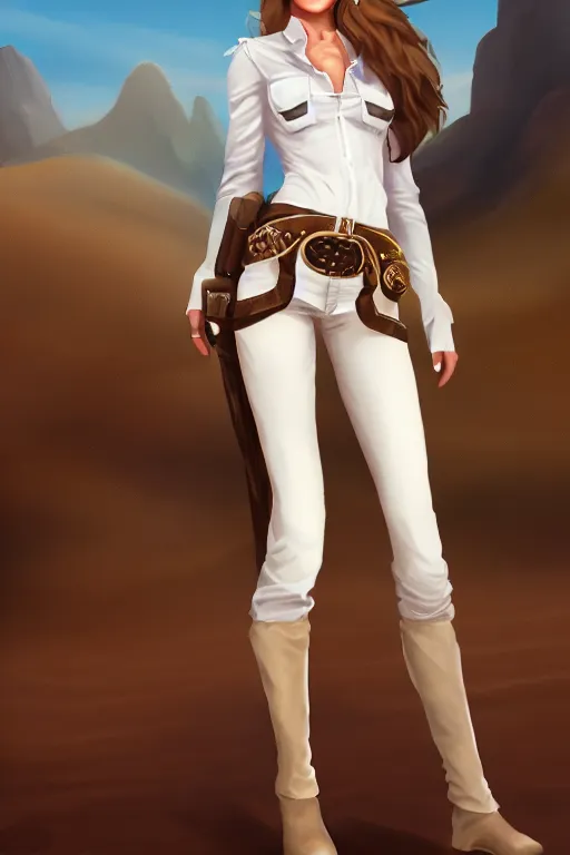 Image similar to full body, female cowgirl, perfect face, white blouse, holster, 8 k, magic the gathering, desert, d & d, artstation, high detail, smooth, muscular