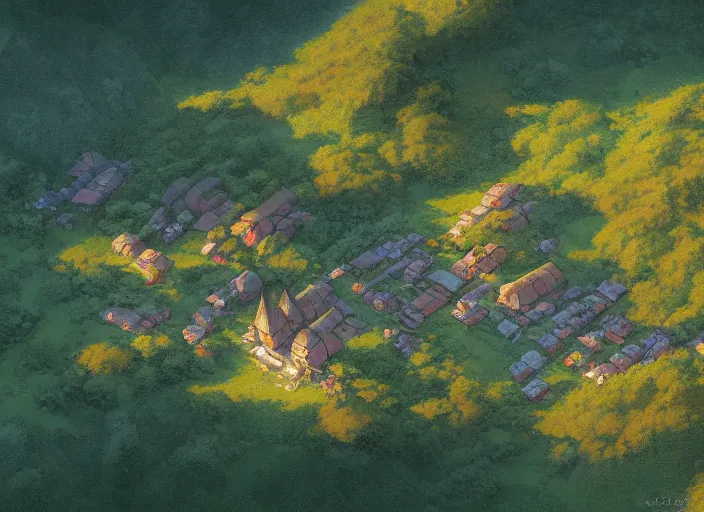 Image similar to concept art painting of a distant small woodland village in a valley seen from above, european japanese buildings, early morning, cel shaded, detailed, realistic, by makoto shinkai and moebius and greg rutkowski and james gurney