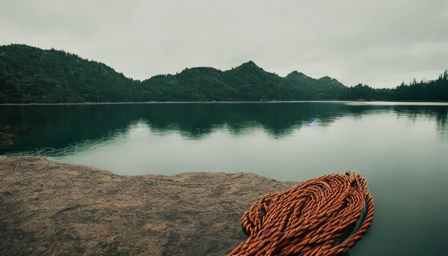 Image similar to rope floating to surface of water in the middle of the lake, overcast lake, rocky foreground, 2 4 mm leica anamorphic lens, moody scene, stunning composition, hyper detailed, color kodak film stock