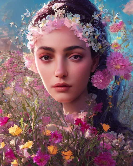 Image similar to portrait of a middle eastern girl, surrounded by flowers by karol bak, james jean, tom bagshaw, rococo, sharp focus, trending on artstation, cinematic lighting, hyper realism, octane render, 8 k, hyper detailed.