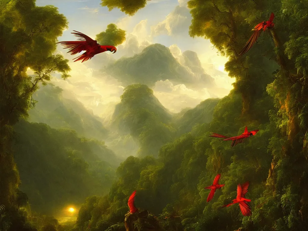 Prompt: gorgeous macaws flying at dawn in the distance through the forest, jungle mountains in the background, highly detailed, heavenly lighting, trending on art station, very detailed birds, painting by thomas cole