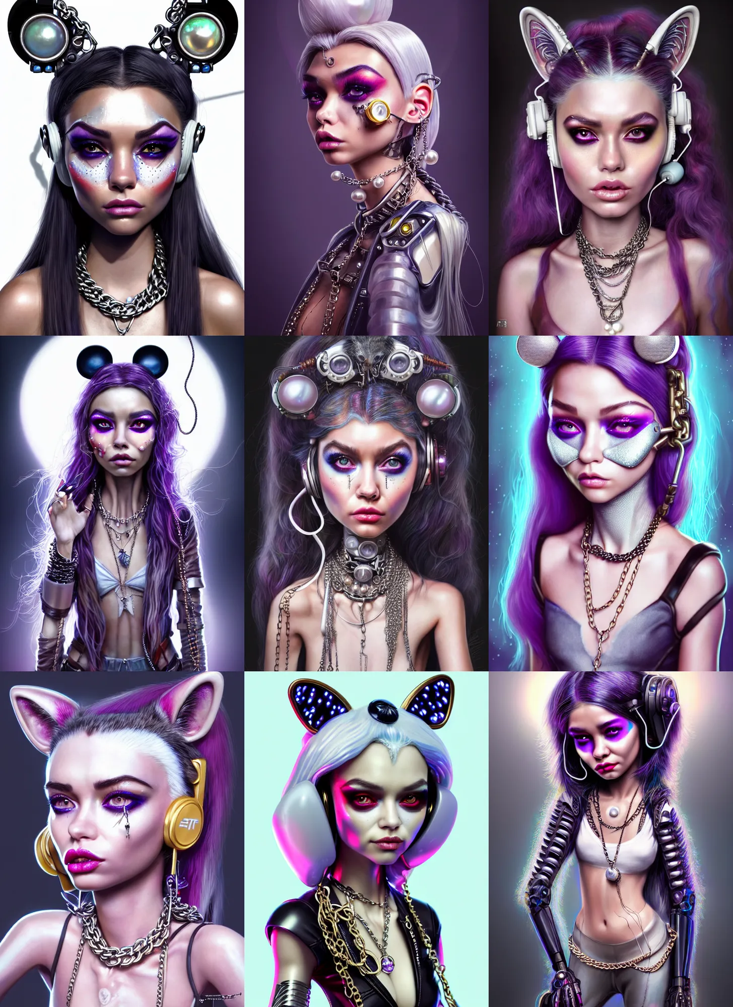 Prompt: disney weta portrait, beautiful gloss porcelain white edm clowncore pearl raccoon madison beer cyborg woman, earbuds, chains, bling, sci - fi, fantasy, cyberpunk, intricate, decadent, highly detailed, digital painting, ever after high, octane render, artstation, concept art, smooth, sharp focus, illustration, art by artgerm, loish, wlop