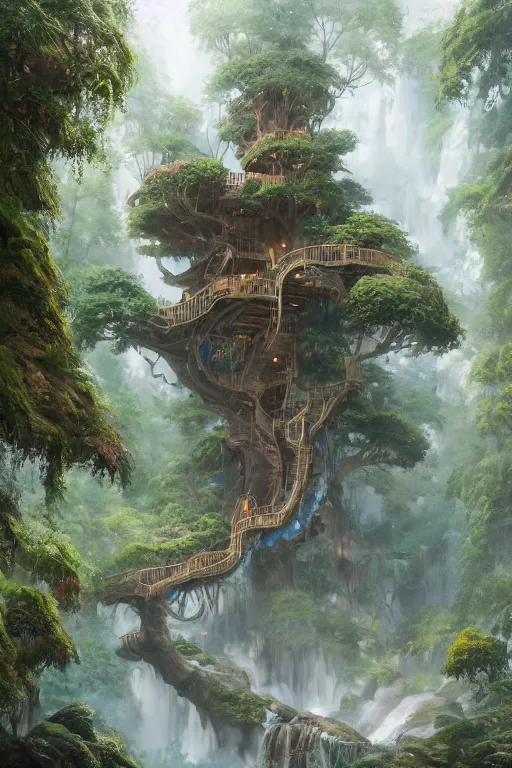 Prompt: A beautiful digital painting of an enormous treehouse, crystal waterfall by Stanley Artgerm Lau, Greg Rutkowski, Rossdraws, James Jean, gerald brom, Andrei Riabovitchev, Marc Simonetti, and Sakimichan, trending on artstation