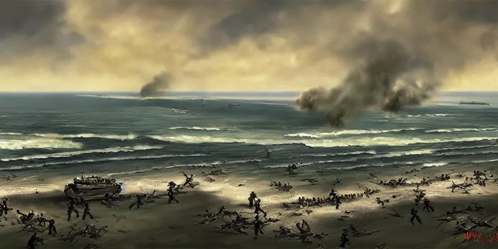 Image similar to battle of omaha beach, ww 2, matte painting, oil painting, painting