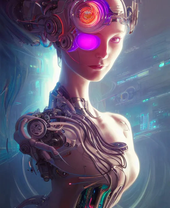 Image similar to whirlwind souls rushing inside metaverse, half body, glowin eyes, tiara, robotic, android, cyborg, cyberpunk face, by loish, d & d, fantasy, intricate, elegant, highly detailed, colorful, vivid color, digital painting, artstation, concept art, art by artgerm and greg rutkowski and alphonse mucha and ruan jia