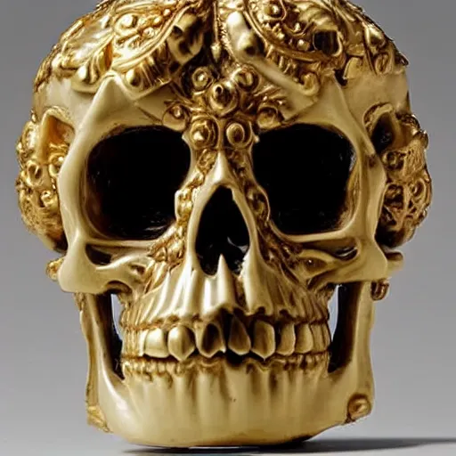 Prompt: a orante human skull with rococo carvings and gold plated detailing encased in an icecube