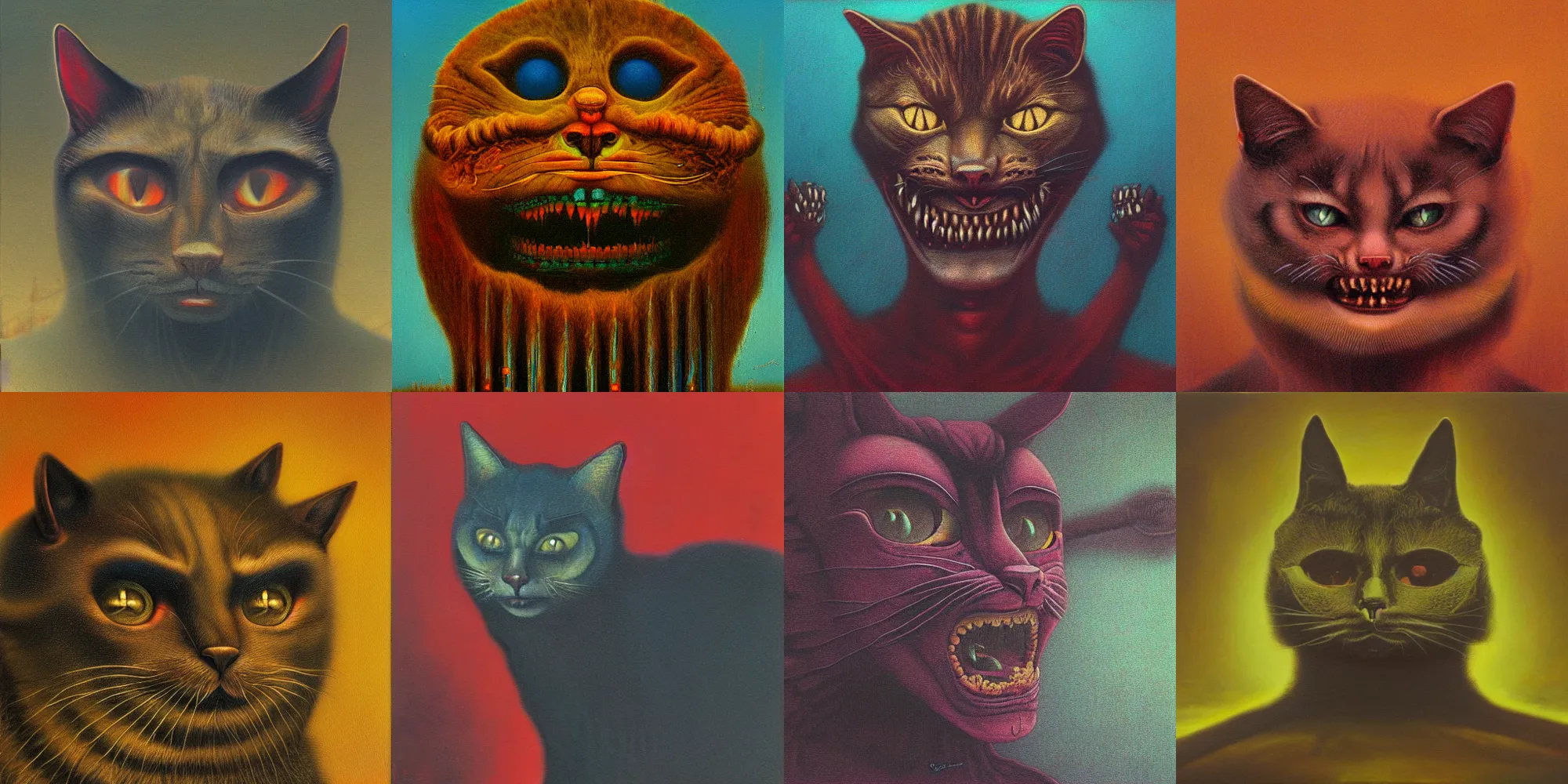 Prompt: grinning evil cat, HD, in style of beksinski, film grain, medium format, 8k resolution, oil on canvas