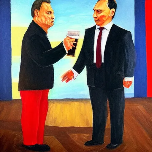 Image similar to viktor orban drinking beer with putin, oil painting, highly detailed