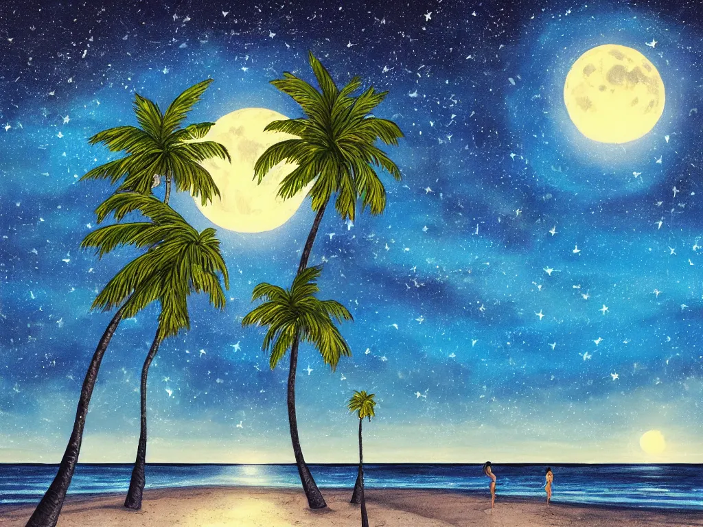 Prompt: night on a summer miami city beach, palm trees, footprints in the sand, full moon reflected in the calm ocean, starry sky 8 k, ultra detailed, trending on artstation, digital painting