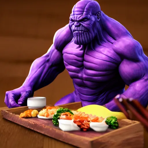 Prompt: thanos eating sushi sitting in the cosmos, realistic, detailed render, cinematic lightning