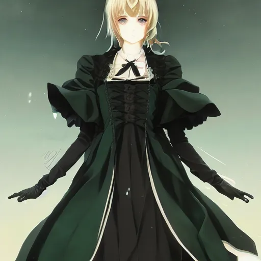 Image similar to victorique de blois anime girl gosick super detailed green eyes green eyes green eyes green eyes black dress black dress black dress black dress blonde hair by greg rutkowski makoto shinkai aramaki shinji artgerm, cushart krenz key art feminine award winning