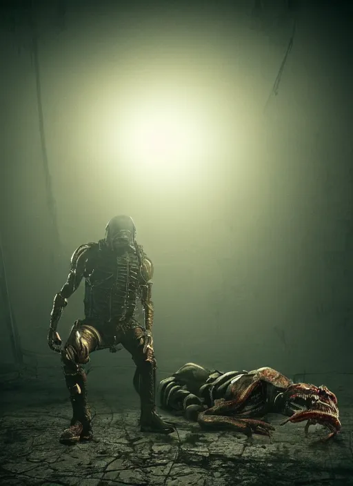 Image similar to a photorealistic dramatic hyperrealistic render of predator the alien hunter, ultra realistic details, well worn, rust, oil stains designed by vitaly bulgarov and mike nash, beautiful dramatic dark moody tones and lighting, cinematic atmosphere, studio lighting, global illumination, shadows, dark background, octane render, 8 k