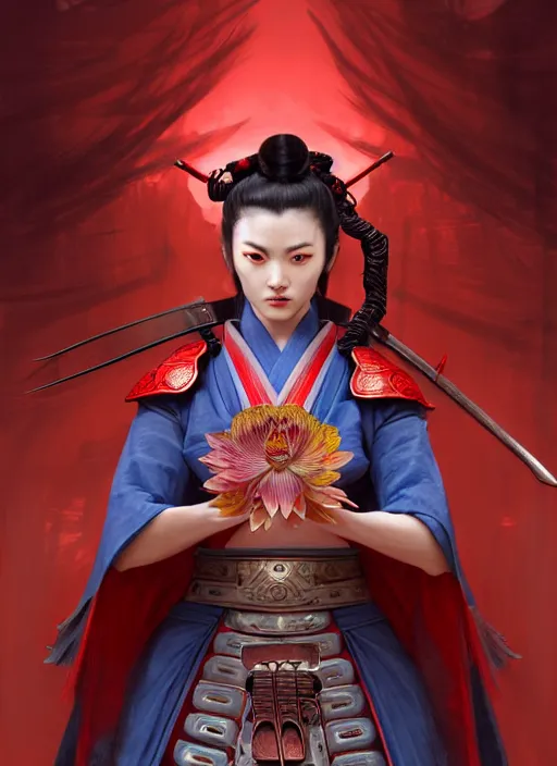 Image similar to cinematic concept movie scene of a wrathful samurai warrior woman dressed in red holding a lotus flower killing street thugs dressed in blue garb, cinematic scene, intricate, elegant, highly detailed, lotus flower, digital painting, artstation, concept art, smooth, sharp focus, illustration, art by artgerm and greg rutkowski and alphonse mucha and wlop