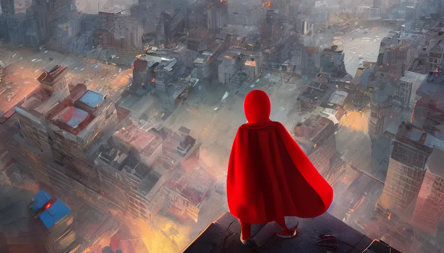 Prompt: kid with red superhero cape sitting on the edge of the roof of a building watching sunrise on the city, hyperdetailed, artstation, cgsociety, 8 k