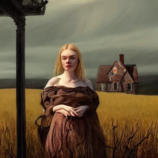 Prompt: Elle Fanning in the painted world of Lovecraft, head and shoulders masterpiece, apocalypse, golden hour, cosmic horror, artstation, in the style of Andrew Wyeth and Edward Hopper and Bosch, extremely detailed