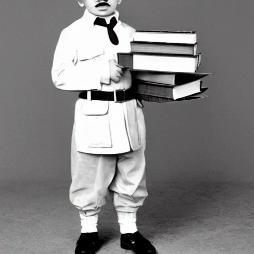 Image similar to full length photo of a child adolf hitler standing carrying school books, hitler moustache, digital art, white background, full color