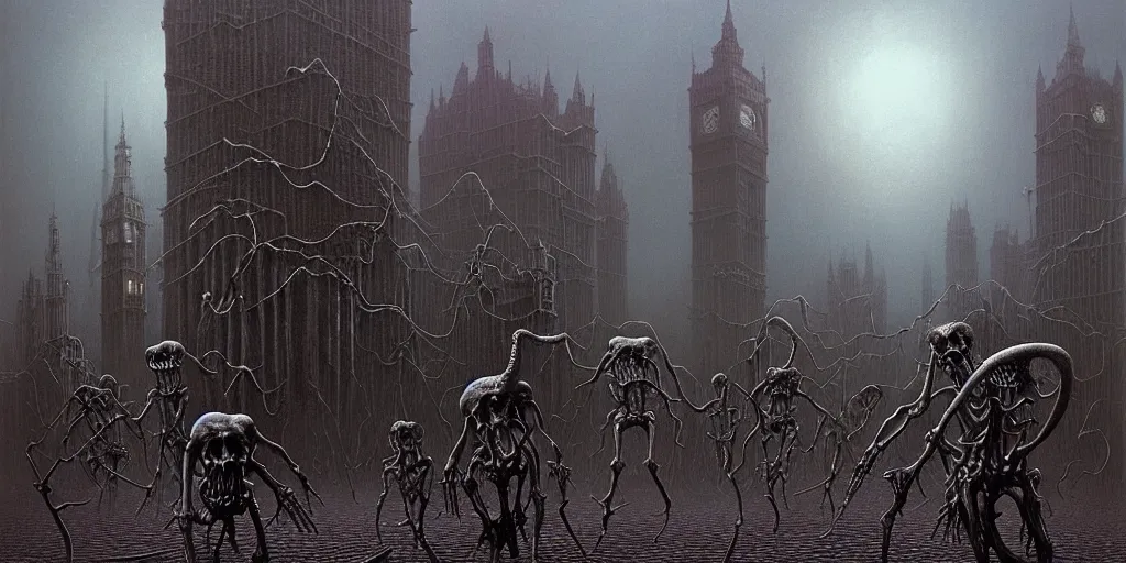 Image similar to matte painting of eldritch creatures with surrealistic morphed skeletons roaming the streets of London, Zdzislaw Beksinski, Wayne Barlowe, Joe Fenton, gothic, cosmic horror, dystopian, biomorphic, lovecraftian, amazing details, cold hue's