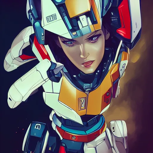 Image similar to portrait of stunning megan fox gundam pilot, with an intricate, detailed, urban inspired hiphop afro futuristic helmet, vector behance hd jesper ejsing, rhads, makoto shinkai, lois van baarle, ilya kuvshinov, rossdraws, hd, 3 2 k, ilya kuvshinov, gustav klimt