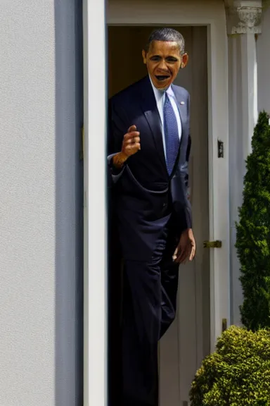 Image similar to a close up photo of obama aggressively opening a door