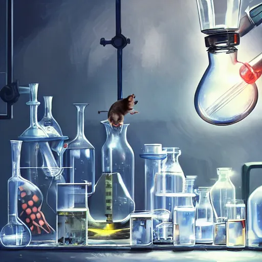 Prompt: mouse performing a chemistry experiment, in a cluttered lab, lots of beakers, illustration, cyberpunk, sci - fi fantasy, intricate, elegant, highly detailed, digital painting, artstation, concept art