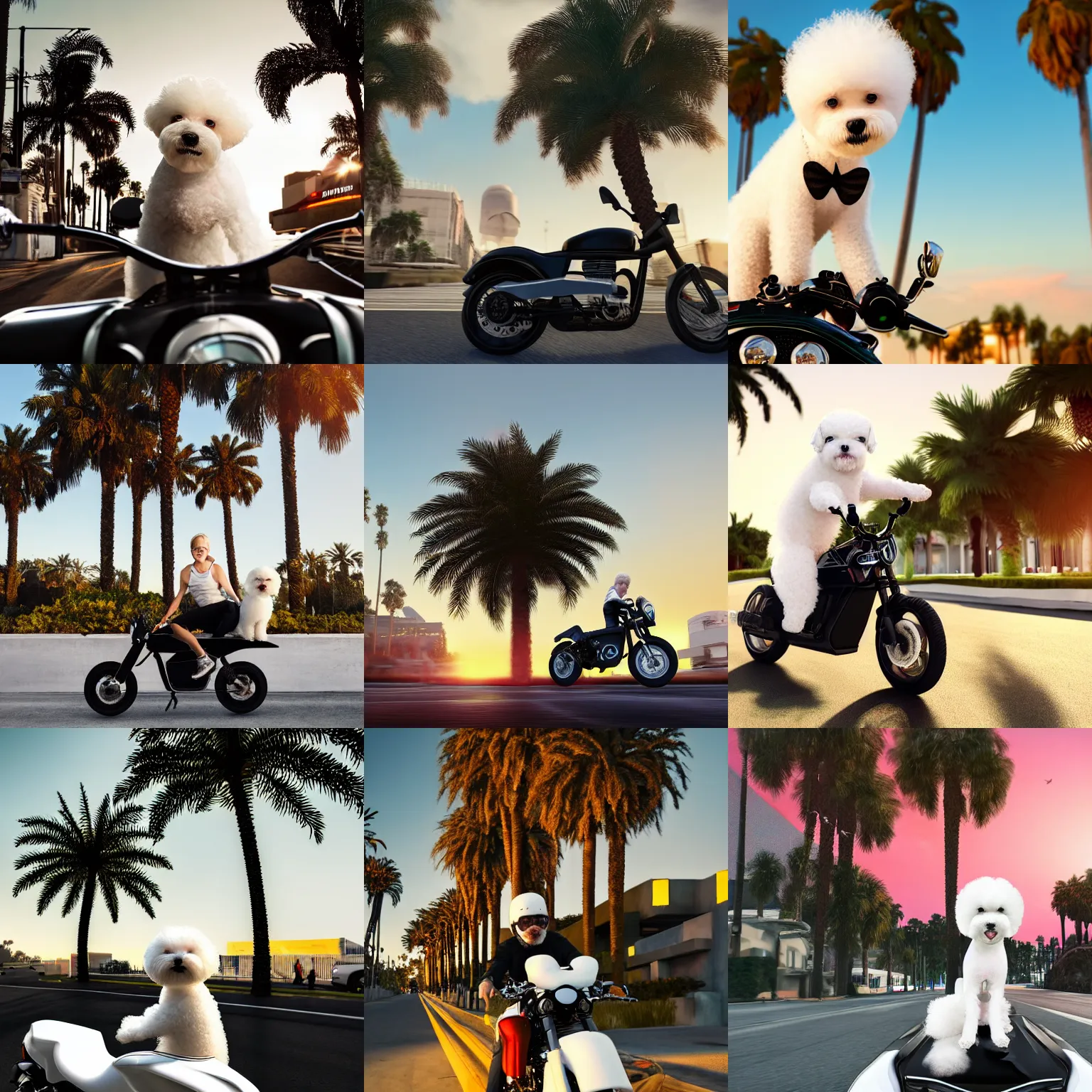 Prompt: a photorealistic image of a smiling white bichon frise puppy dog riding a black motorcycle in Hollywood at sundown. Palm trees in the background. Paws on handlebars. This 4K HD image is Trending on Artstation, featured on Behance, well-rendered, extra crisp, features intricate detail and the style of Unreal Engine.