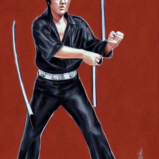 Image similar to elvis presley standing in a fighting stance holding a katana by the hilt with both hands ready to strike, realistic, digital painting, detailed,