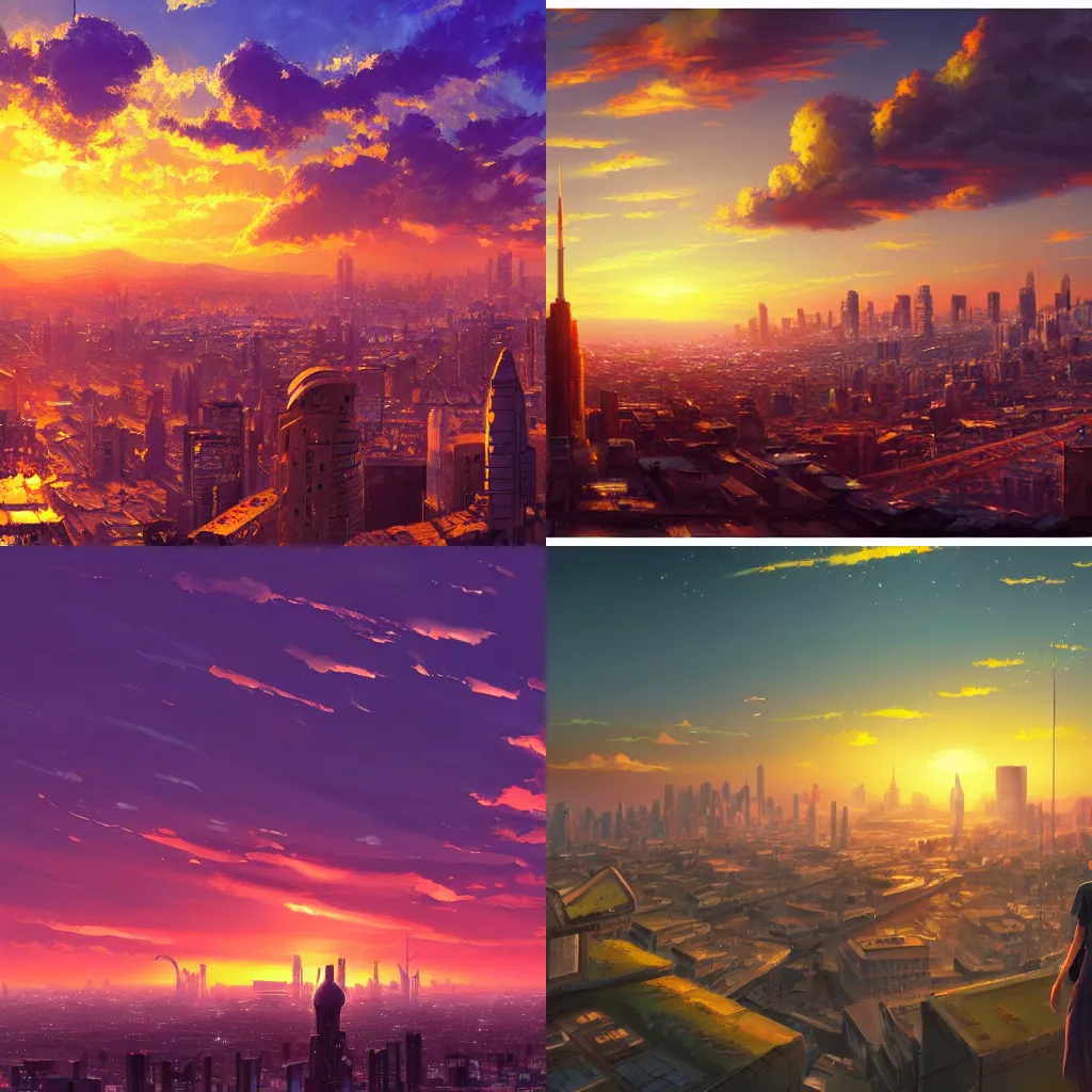 Prompt: a painting of a sunset over a city, a matte painting by makoto shinkai, featured on pixiv, space art, matte painting, cinematic view, # screenshotsaturday