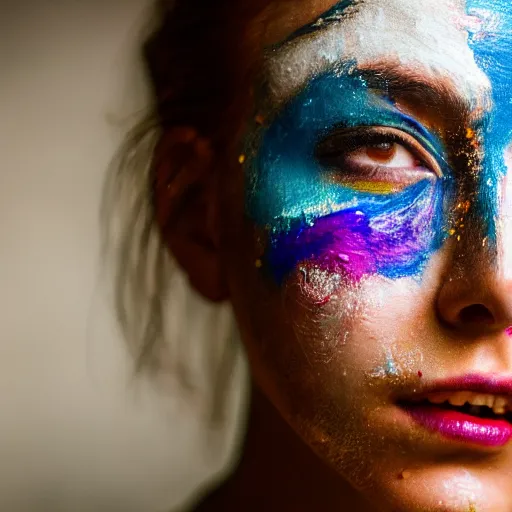Image similar to a girl with cracked skin painting her face with paint, 5 0 mm lens, f 1. 4, sharp focus, ethereal, emotionally evoking, head in focus, volumetric lighting, blur dreamy outdoor,