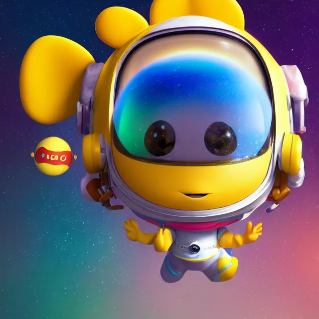 Image similar to a cute astronaut, pixar animation style, soft colors, by lisa frank, octane render, by takashi murakami, colorful, spectral color, 5 d, ultra - hd, happy, good, mini, volumetric lighting