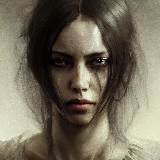 Image similar to portrait of a woman, gritty, gloomy, pain, gritty, sad, intricate, elegant, highly detailed, digital painting, artstation, concept art, matte, sharp focus, illustration, octane render, unreal engine, art by aenaluck and roberto ferri and greg rutkowski, epic fantasy, digital painting