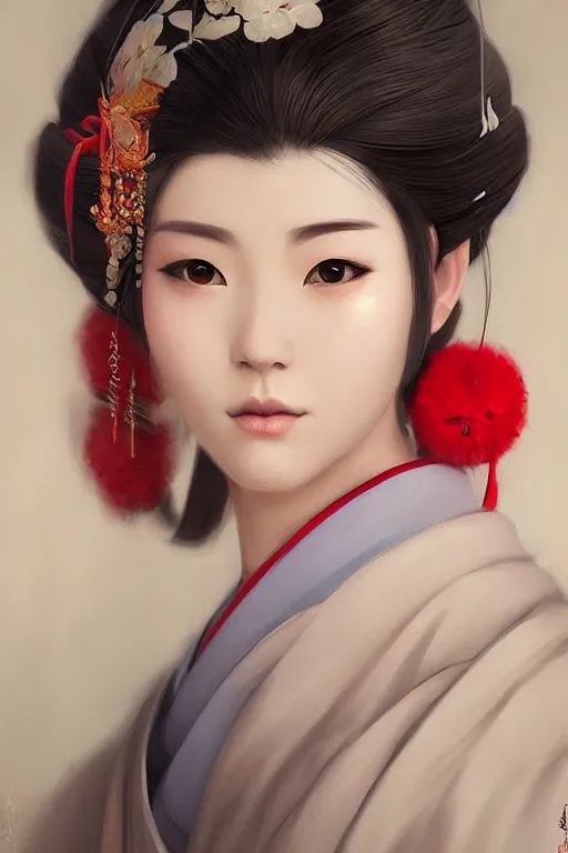 Image similar to Beautiful Geisha Portrait, character portrait art by Mandy Jurgens, 4k portrait, magical mood from japan, cgsociety