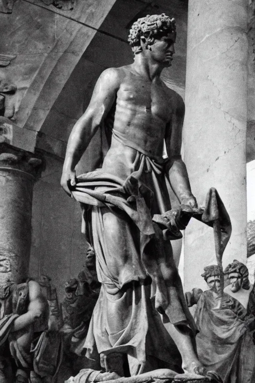 Prompt: roman photograph of julius ceasar controlling slavery in rome, historical documentary