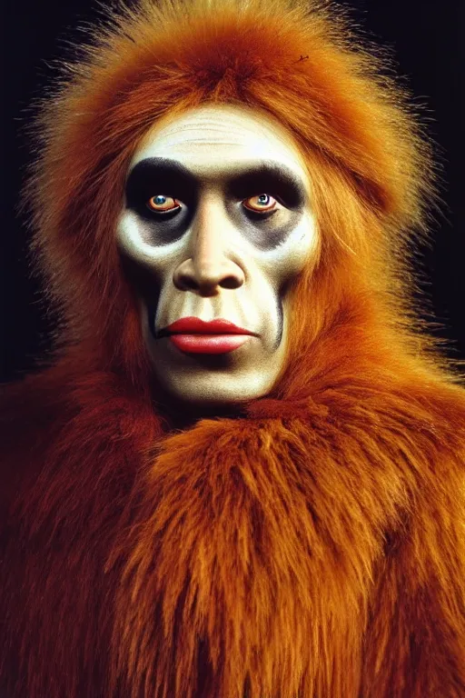 Image similar to a professional portrait photo of a neanderthal woman forest, face paint, ginger hair and fur, extremely high fidelity, natural lighting, national geographic magazine cover, still from the movie quest for fire