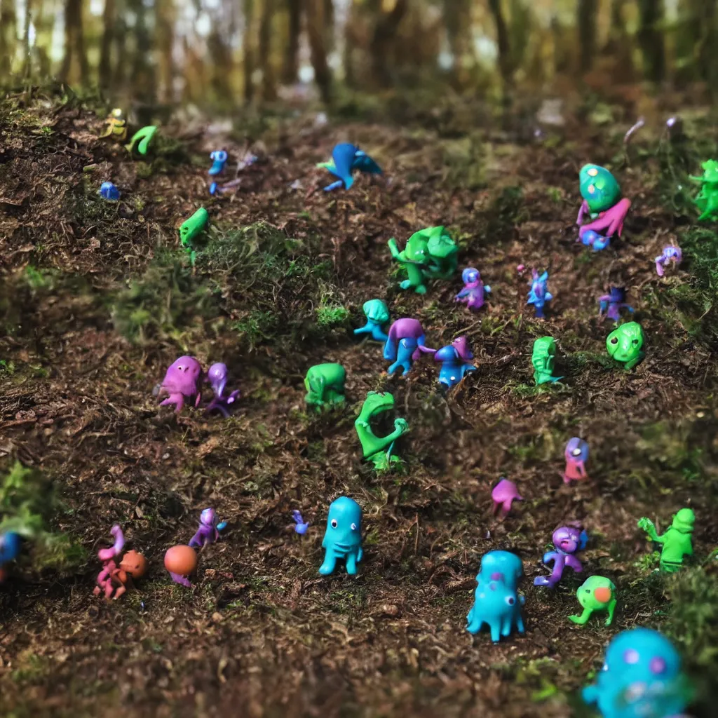 Prompt: plasticine aliens exploring in the forest, bubbles, wet specular, magic hour, photograph, depth of field