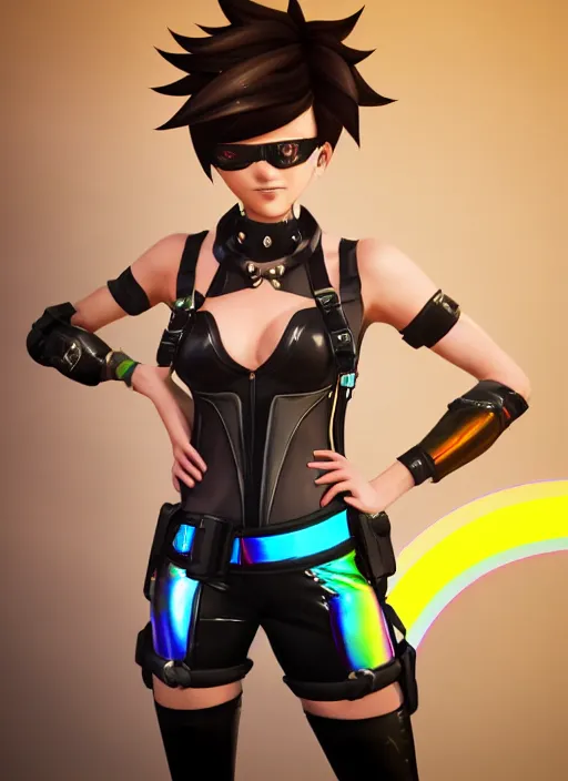 Image similar to full body digital artwork of tracer overwatch, wearing black iridescent rainbow latex tank top, 4 k, expressive happy smug expression, makeup, in style of mark arian, wearing detailed black leather collar, chains, black leather harness, leather cuffs around wrists, detailed face and eyes,