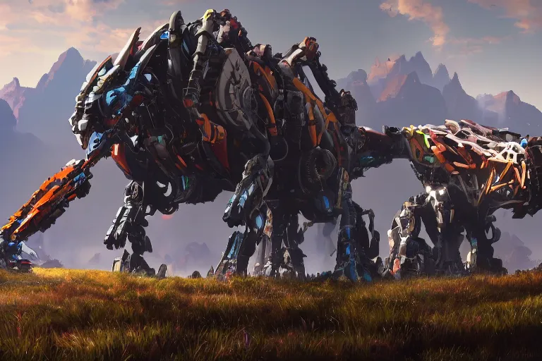 Image similar to grimhorn fanghorn machine mecha animal beast robot of horizon forbidden west horizon zero dawn bioluminiscence global illumination ray tracing hdr fanart arstation by sung choi and eric pfeiffer and gabriel garza and casper konefal