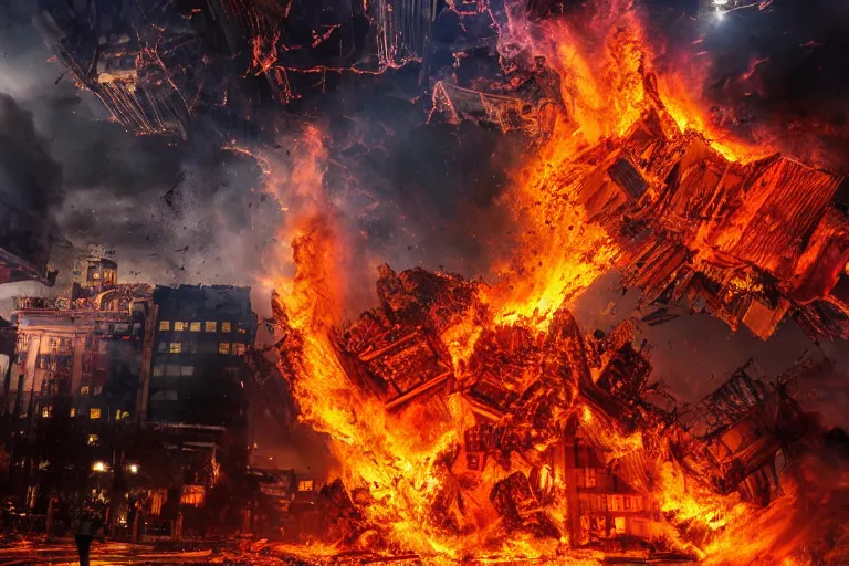 Image similar to destructive fire tornado in the city, photorealistic, highly detailed, sharp focus, vivid, colorful, symmetrical, random, convoluted, mind - blowing, creative, fully functional, end of the world, physics defying, amazing, loud