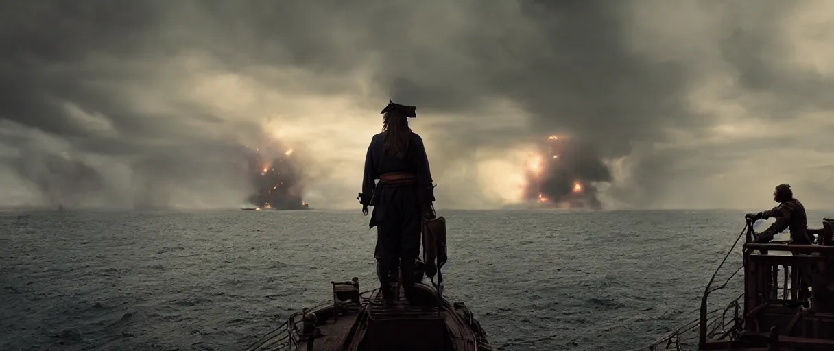 Image similar to a pirate standing on his ship watching big explosions on the sea, beautiful dramatic moody lighting, cinematic atmosphere, high detail, 8k, ornate, dark fantasy, masterpiece, complex, film still from the movie directed by Denis Villeneuve with art direction by Gregory Crewdson, Joel Sternfeld