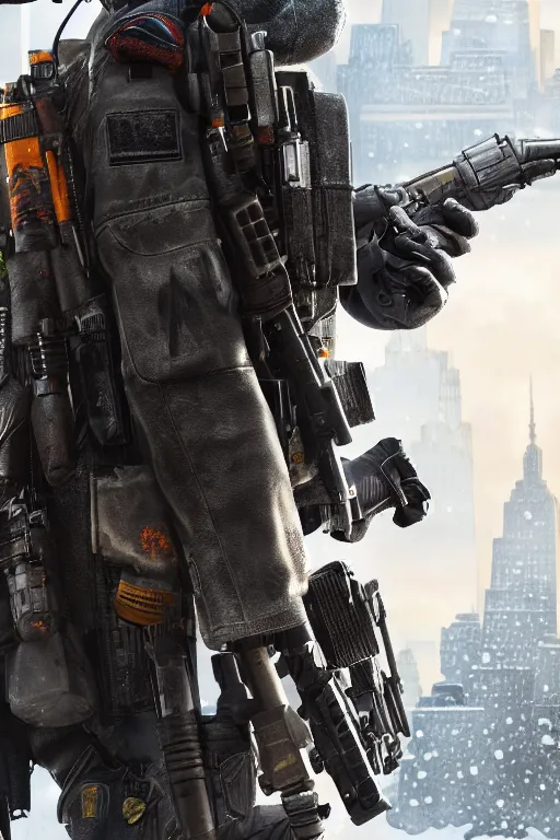 Image similar to close up of an agent from (Tom Clancy's The Division), snowy new york in background, high detail, digital art, trending on artstation, by Tom Garden