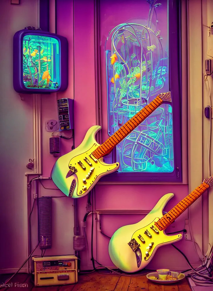 Image similar to telephoto 7 0 mm f / 2. 8 iso 2 0 0 photograph depicting the feeling of chrysalism in a cosy safe cluttered french sci - fi art nouveau cyberpunk apartment in a pastel dreamstate art cinema style. ( electric guitar ) ( ( fish tank ) ), ambient light.