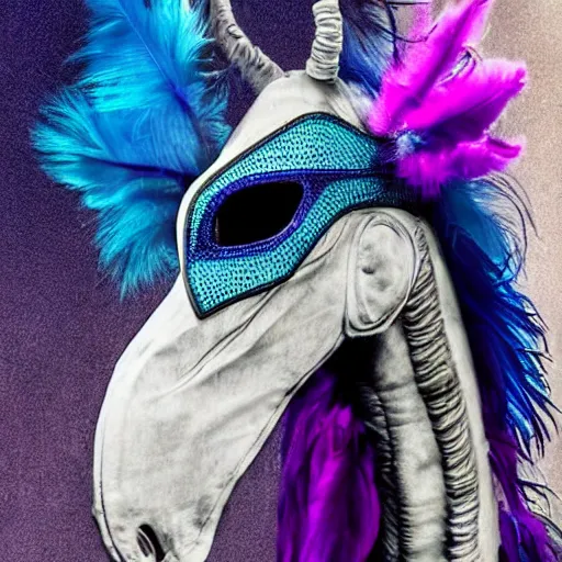 Image similar to A 4 legged tall alien creature with a hump covered in blue and magenta feathers, a long boney neck and face representing a plague doctor mask, high quality, hyper realistic