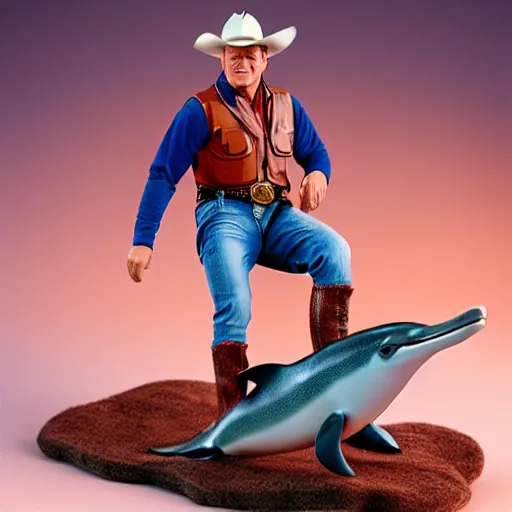 Prompt: john wayne riding a dolphin. action figure by hot toys. studio lighting.